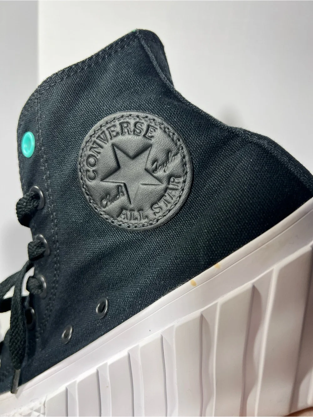 Black Converse High-Top Platform Sneakers with faux leather and Teal Accents